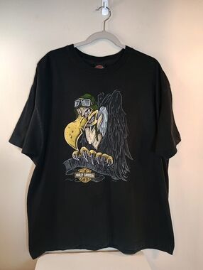 Retro Y2k Style Harley-Davidson Black Tee with Yellow Vulture Graphic